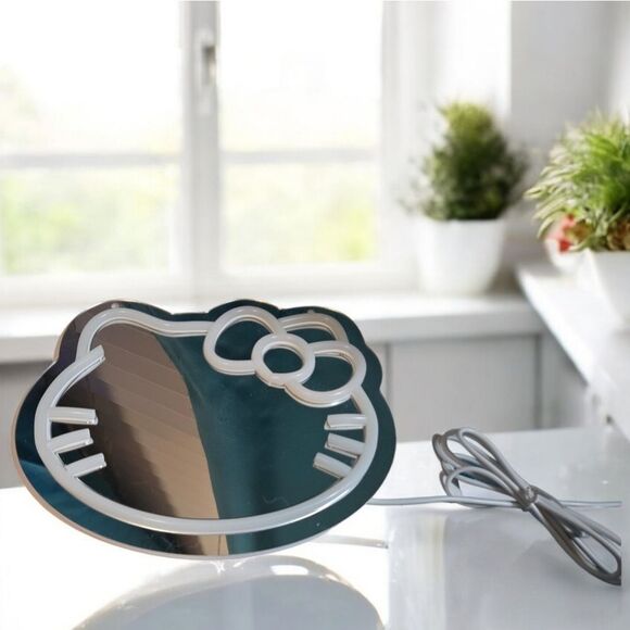 Hello Kitty LED Wall Mirror 9" Small Neon Pink Bow White Cat Face Light Up NEW - Picture 2 of 9